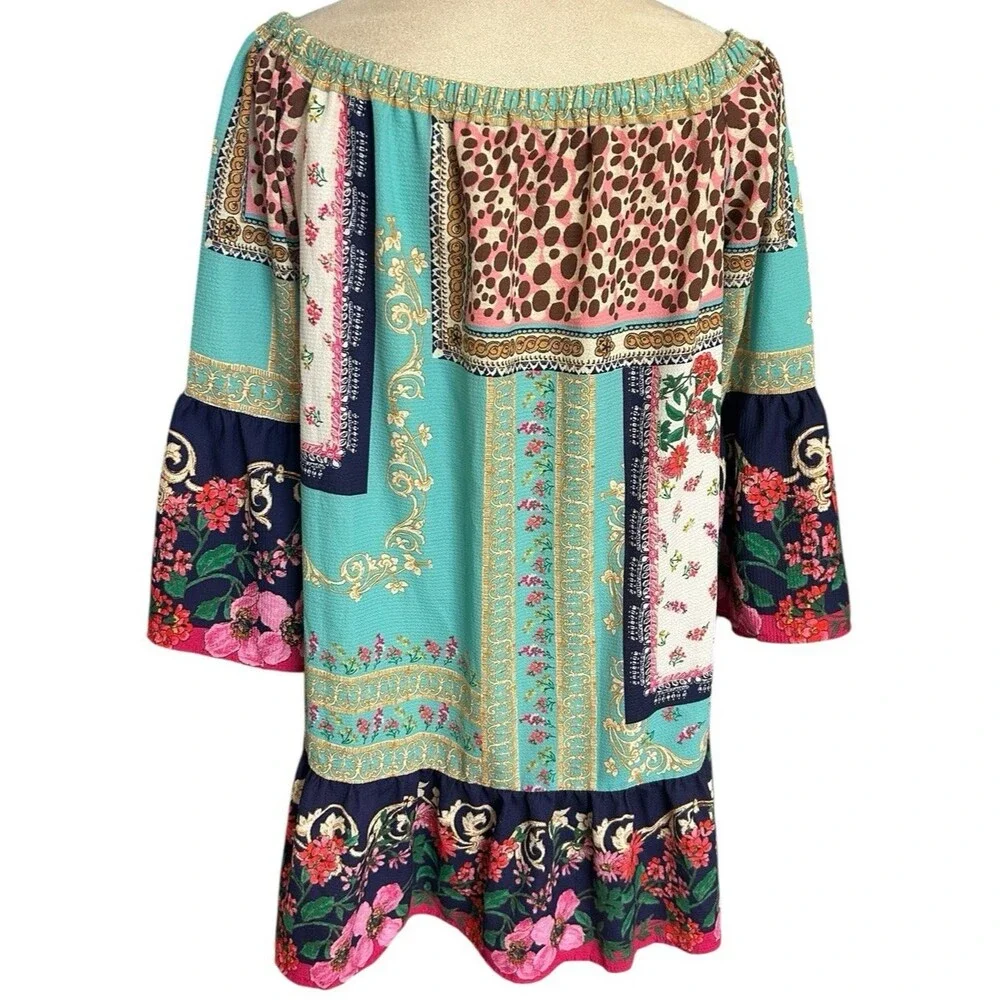 Umgee Off the Shoulder Dress S  Boho Bell Sleeve Floral Animal Tassel Ruffle Hem - Picture 7 of 9